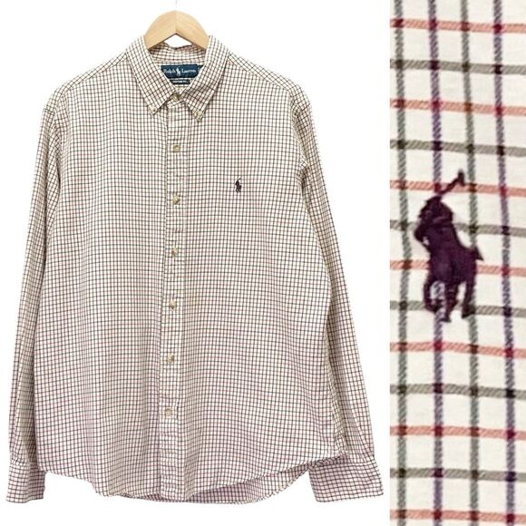 Ralph Lauren Custom Fit Plaid Button Front Shirt Cream Red Purple Pony Size XL - Picture 11 of 11